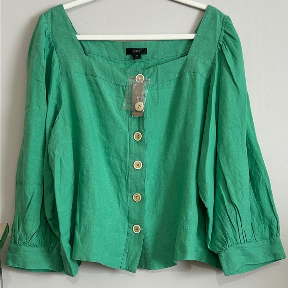 J. Crew 2X 100% Linen Square Neck Puffy Sleeves Kelly Green Blouse lightweight - Picture 11 of 16